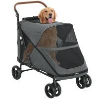 PawHut Hundewagen Faltbar Hundebuggy für große Hunde bis 30 kg mit 360°Drehrädern Netzfenster Kissen Verstellbarer Griff Grau(m-12)