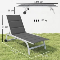 Outsunny Lettino Prendisole da Giardino con Ruote, in Texteline con Telaio in Alluminio, Grigio Scuro e Bianco(m-3)
