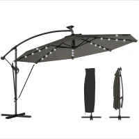 Outsunny Chapéu de Sol Excêntrico com Luzes LED Solares Ø345 cm Base Cruzada Manivela Capa Protetora Cinza Escuro(m-11)