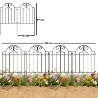 Outsunny Set de 4 Vallas de Jardín Metálicas 125x57 cm con Diseño Arqueado Resistente Fácil de Instalar para Patio Césped Negro(m-3)
