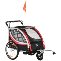 HOMCOM Remolque de Bicicleta para Niños +18 Meses 2 en 1 Cochecito de Paseo de 2 Plazas con Freno de Mano Cinturón de Seguridad Bandera y Reflectores 142x75x101 cm Rojo(m-1)