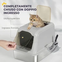 PawHut Lettiera per Gatti Chiusa con Coperchio, 2 Ingressi, Paletta e Sacchetto Deodorante, Grigio Chiaro(m-5)