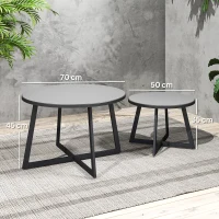 Outsunny 2er Set Beistelltisch Stapelbar Gartentisch Rund wetterfest Balkontisch mit X-Beine Glasplatte Stahl Schwarz+Grau(m-3)