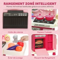 AIYAPLAY Cuisine pour Enfants Interactive, 33 Accessoires, avec Sons, Lumières, Rangement, 3-6 Ans, 67x25x87cm, Rose(m-6)