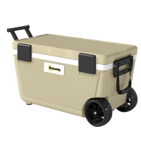 Outsunny 70L Insulated Cool Box with Wheels, Portable Ice Cooler with Handle, Lid and Drain Valve, Khaki(m-15)