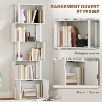 HOMCOM Bibliothèque à 5 niveaux, meuble de rangement avec étagères et placard double porte, 60 x 23,8 x 179,2 cm, blanc(m-4)