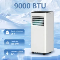 HOMCOM Aire Acondicionado Portátil 9000 BTU 4 en 1 Enfriamiento Deshumidificador Ventilador Temporizador para 28 m² Blanco(m-4)