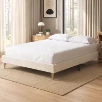 HOMCOM Cadre de Lit 140 x 190 cm avec Sommier, Lit Double Rembourré en Velours Côtelé, Espace de Rangement Au-Dessous, Crème(m-9)