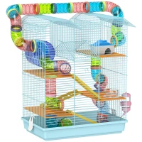 PawHut Gabbia per Criceti a 5 Piani con Tubi Colorati, Ruota, Casetta e Accessori, 47x30x59 cm, Azzurro(m-1)
