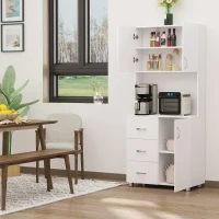HOMCOM 183.5cm Free standing Kitchen Cupboard, Storage Cabinet with Doors and Sheleves, 3 drawers and Open Space, Adjustable Height Storage Unit, White(m-2)