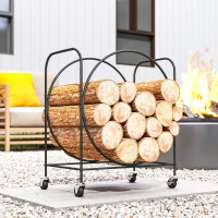 Outsunny Leñero Exterior Metálico de Chimenea Soporte para Leña con Ruedas para Interior y Exterior 51x30x60 cm Negro(m-8)