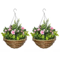 Outsunny Set 2 Piante Finte di Lisianthus con Vaso e Gancio, Piante Artificiali in PE e Vimini, Ø25x34 cm, Verde e Rosa(m-1)