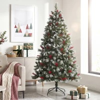 HOMCOM Brad de Crăciun Artificial zăpaduit 180 cm cu 840 vârfuri boabe roșii conuri bază pliabilă din oțel montare rapidă Verde(m-6)
