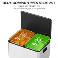 HOMCOM Poubelle de cuisine 2 compartiments de 2 x 25L, acier inoxydable, couvercle à fermeture douce, 47,7x37,5x56cm, argent(m-4)