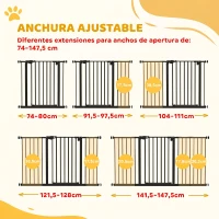 PawHut Barrera de Seguridad Extensible con Cierre Automático y Sistema de Doble Bloqueo Metal 74-147,5x76,2 cm Negro(m-4)