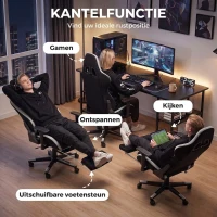 HOMCOM Gaming-stoel met massage- en verwarmd lendenkussen, ergonomisch, linnenlook, 4D-armleuningen, hoofdkussen, Zwart(m-8)