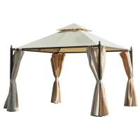 Outsunny Gazebo da Giardino 3 x 3m con 4 Tende Laterali e Doppio Tetto Beige(m-11)