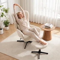 HOMCOM Fotoliu lounge rotativ 360° cu taburet, reglabil pe înălțime, tapițerie chenille, cu pernă lombară, alb-crem(m-4)