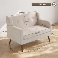 HOMCOM Canapea 2 locuri 118 cm cu aspect corduroy, capitonaj cu nasturi, canapea tapițată modernă și confortabilă cu picioare din lemn pentru spații mici(m-3)