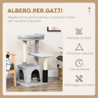 PawHut Albero Tiragraffi per Gatti Multilivello con Lettino e Casetta, Rivestimento in Peluche, Grigio(m-3)