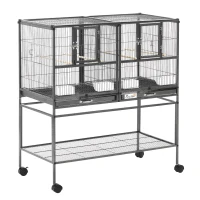 PawHut Cage à Oiseaux Volière Oiseaux Intérieur avec Séparation Mangeoire et Perchoir 95L x 45,5l x 102H cm Noir et Gris(m-12)