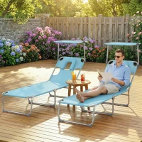 Outsunny Set de 2 Tumbonas Plegables Reclinables con Dosel 360° Orificio Facial Bolsillo Lateral y Textilene 550 g/m² Azul(m-10)