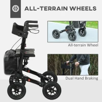 HOMCOM Folding Rollator Walker with Padded Seat, Backrest, Lightweight Walking Frame with Storage Bag, Dual Brakes, All-terrain Wheels, Adjustable Handle Height, 4 Wheeled Walker for Seniors, Black(m-5)