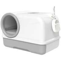 PawHut Bac à litière fermé XL en PP, maison de toilette pour grand chat, avec couvercle et pelle 59 x 39,5 x 39,5 cm gris clair(m-1)
