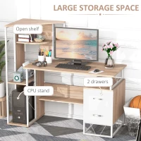 HOMCOM Computer Desk with Drawers and Bookshelf, Writing Desk for Home Office with Storage Shelves, Study Workstation, Oak(m-5)