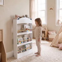 AIYAPLAY Libreria Montessoriana per Bambini 3-8 Anni a Forma di Orso con 4 Ripiani in Legno, 50x15x97 cm, Bianco(m-9)