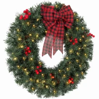 HOMCOM Guirnalda Navideña de 60 cm con Luces LED 8 Modos, Lazo, 140 Ramas, Piñas y Bayas, Corona de Navidad, Verde(m-1)
