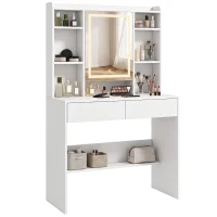 HOMCOM Schminktisch mit Spiegel und LED-Beleuchtung, Frisiertisch mit 2 Schubladen, offenen Fächern und 8 Haken, Weiß(m-11)