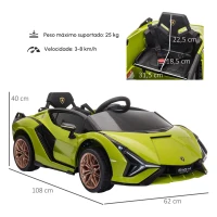 HOMCOM Carro Elétrico Infantil Lamborghini SIAN 12V para Crianças de 3-8 anos com Controle Remoto Abertura da Porta Música MP3 USB e Faróis 108x62x40 cm Verde(m-3)