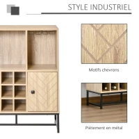 HOMCOM Meuble de rangement style industriel casier à bouteilles support verres à vin niche placard motif chevron métal noir panneaux aspect chêne clair(m-5)