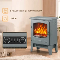 HOMCOM Electric Fireplace, Freestanding Electric Fire with Realistic Flame Effect, Log Burner, 1000W/ 2000W, Grey(m-5)
