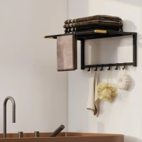 HOMCOM Toallero de Baño de Pared Toallero Plegable con 5 Barras y 6 Ganchos para Toallas Baño 60 cm Negro(m-8)