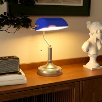 HOMCOM Banker's Desk Lamp with Antique Bronze Tone Base, Table Lamp with Blue Glass Shade for Home Office, Blue(m-8)