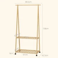 HOMCOM Kleiderständer, 2 untere Regale, 67 cm lange Kleiderstange, Bambusholz, Rollen(m-3)