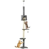 PawHut Árbol Rascador para Gatos Rascador para Fijar al Techo Altura 255 cm con Plataformas Cueva Postes de Sisal Bolas Colgantes Gris Claro(m-1)