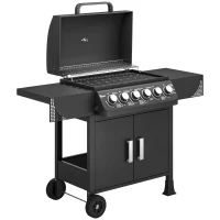 Outsunny Barbacoa de Gas con 6 Quemadores 15 kW Termómetro Parrilla Mesas Laterales Armario y Ruedas 135x51x101 cm Negro(m-1)