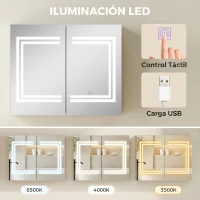 kleankin Armário Casa de Banho com Espelho e Luz LED Interruptor Tátil e Cor da Luz Ajustável 80x15x65 cm Branco Brilhante(m-4)