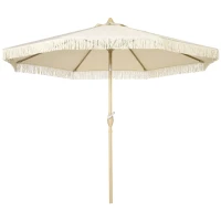 Outsunny Sombrilla de Jardín Ø265x244 cm con Manivela Manual Ángulo Ajustable y Flecos de Estilo Boho para Terraza Piscina Crema(m-11)