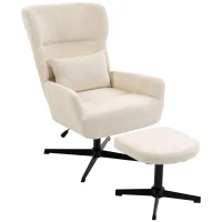 HOMCOM Fotoliu lounge rotativ 360° cu taburet, reglabil pe înălțime, tapițerie chenille, cu pernă lombară, alb-crem(m-7)