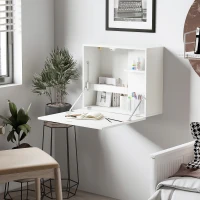 HOMCOM Scrivania a Muro Pieghevole e Salvaspazio con Ripiani, per Casa e Ufficio, in Truciolato e MDF, 60x21.5x50 cm, Bianco(m-2)