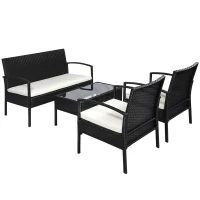 Outsunny Ensemble salon de jardin 4 places : canapé, 2 fauteuils et table basse plateau verre trempé résine tressée 4 fils  imitation rotin noir coussins blanc(m-11)