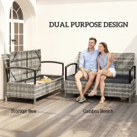 Outsunny 125L Garden Storage Bench, 2 Seater PE Rattan Outdoor Bench Storage Box with Padded Cushion, Dark Grey(m-4)