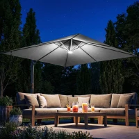 Outsunny 3 x 3 m Garden Cantilever Parasol with Light, Cover, Overhanging Umbrella w/ Wind Protection, 360° Rotation, Light Grey(m-2)