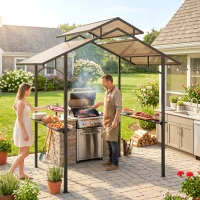 Outsunny Gazebo da Giardino per Barbecue, Doppio Tetto Anti-UV e Struttura in Acciaio con Mensole, 240x150x250cm, Nero(m-7)