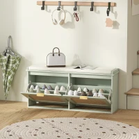 HOMCOM Boho Shoe Bench with Padded Seat and 2 Flip-Drawers - Light Green(m-10)