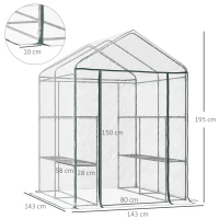 Outsunny Serre de jardin avec étagères 3 niveaux, serre de balcon, châssis en acier, porte zippée enroulable, pour légumes plantes fleurs, intérieur et extérieur, 143x143x195cm, transparent(m-3)